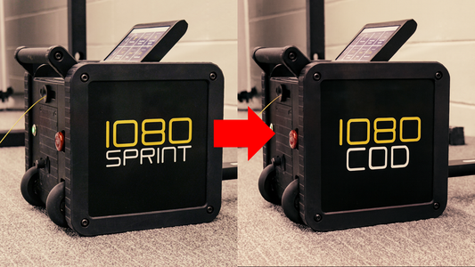 Athlete performing change of direction sprint test with 1080 Sprint 2 motorized resistance technology for speed development